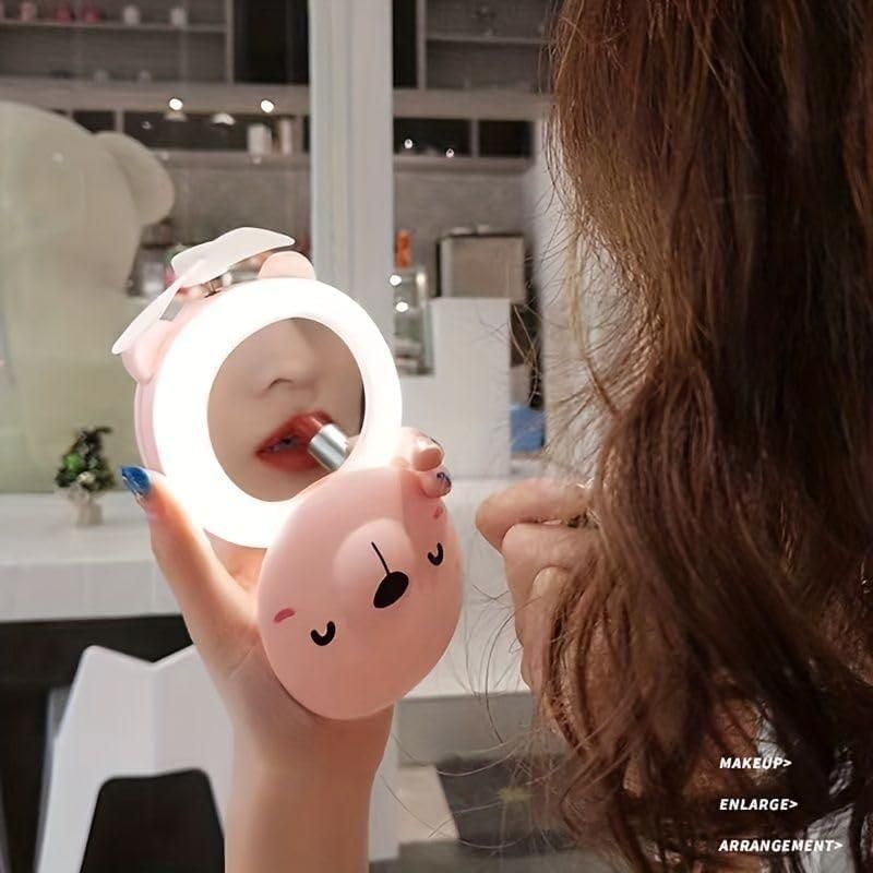Cartoon Cute Pig LED Lights Mirror Pocket Fan rj1jn6-fq