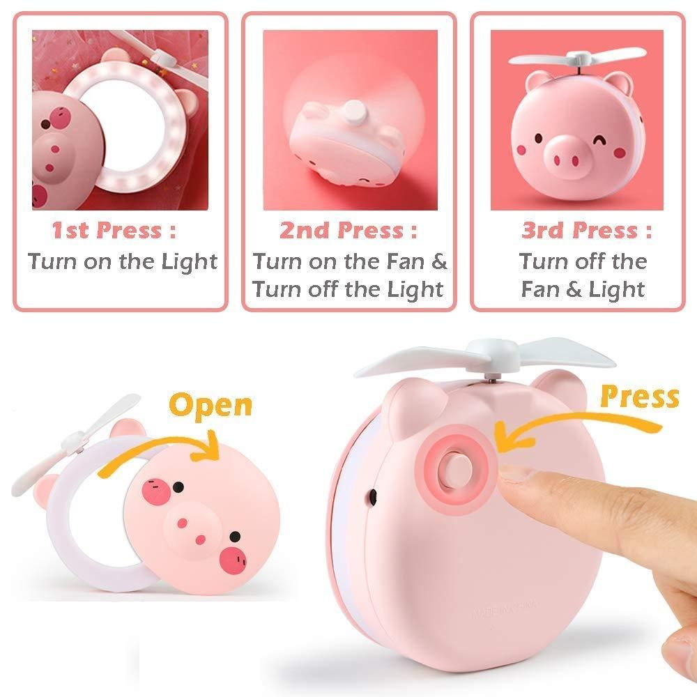 Cartoon Cute Pig LED Lights Mirror Pocket Fan rj1jn6-fq