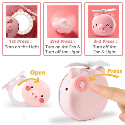Cartoon Cute Pig LED Lights Mirror Pocket Fan rj1jn6-fq