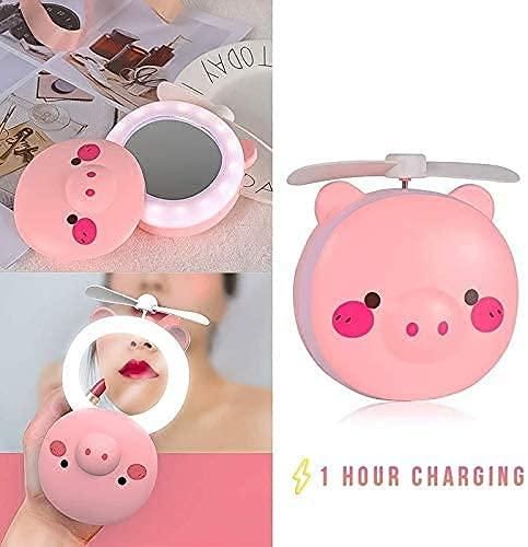 Cartoon Cute Pig LED Lights Mirror Pocket Fan rj1jn6-fq