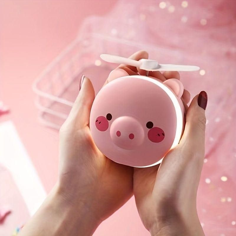 Cartoon Cute Pig LED Lights Mirror Pocket Fan rj1jn6-fq