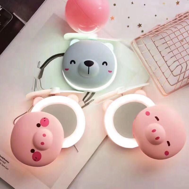 Cartoon Cute Pig LED Lights Mirror Pocket Fan rj1jn6-fq